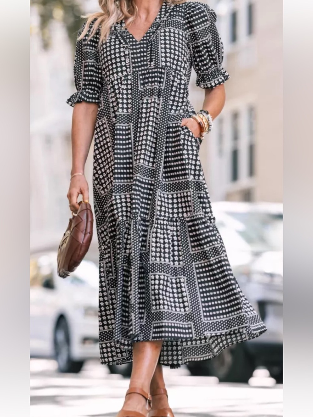 Casual Black and White Patchwork Maxi Dress with Short Puff Sleeves NWOT